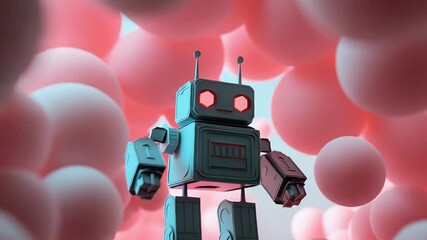 Gray robot floating among pink spheres in a light blue sky