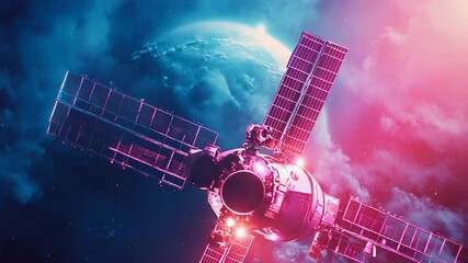 Wall Mural - space station orbiting planet earth with solar panels deploying