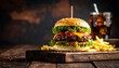 © PANGERAN - A delicious hamburger, complete with fries and a cola, on a wooden board,Perfectly styled hamburger with cola and fries, displayed on a rustic cutting board