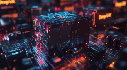 A computer chip is lit up with red and blue lights. The image is of a computer chip with a red and blue light on it