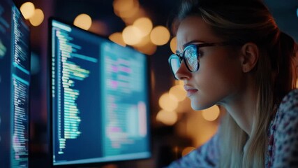Focused woman wearing glasses coding on computer screen at night, programming software technology developer working late with digital data and glowing monitors in dark office environment