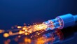 © Sirada - Create a close up image of the end of a fiber optic cable with glowing light effects on a dark blue background