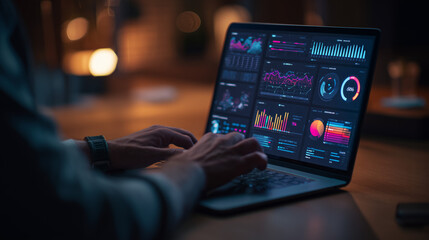Data analytics and graphs. Analysis of statistical business marketing data. Data scientist using laptop computer to analyze data
