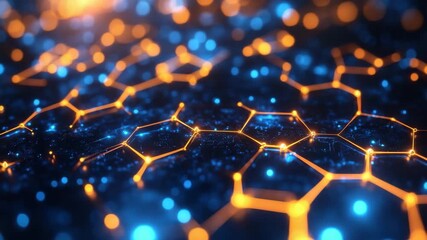 Wall Mural - glowing hexagonal network with bright orange and blue lights creating futuristic digital technology 