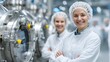 © Oulaphone - Two women in lab coats and hair nets smile confidently in a modern industrial facility, showcasing teamwork and professionalism in a clean environment.