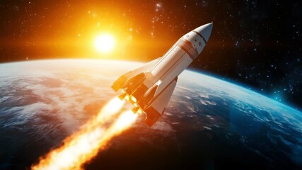 Wall Mural - space shuttle rocket launch into earth orbit with fiery exhaust and bright sunrise starry sky showca
