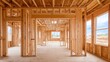 © Generative AI - Interior view of a residential home construction site, showcasing the wood framing and layout design.