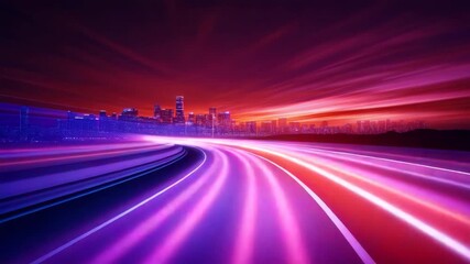 Wall Mural - neon light trail on curved road with city skyline at sunset featuring vibrant purple and blue colors