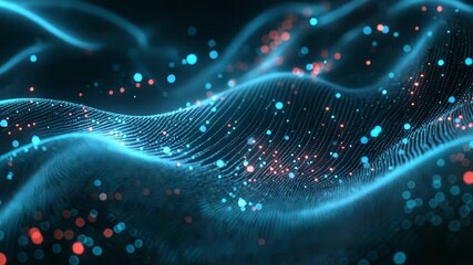 Wall Mural - abstract blue wavy particle background with red and cyan particles flowing