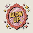 © Iconhub - Retro vintage ornate mirror with glow up text and sparkling starbursts representing self improvement and transformation in a fun nostalgic style