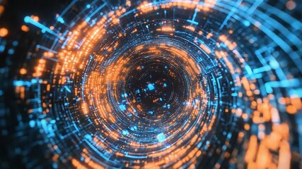 Digital cyberspace tunnel rotating with futuristic orange and blue lights