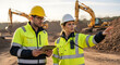 © ratna - Two construction workers in high visibility jackets and hard hats discussing plans on a tablet at a busy construction site with excavators