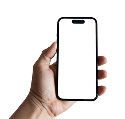 Canvas Print - man hand holding smartphone with empty screen isolated on transparent background, png format