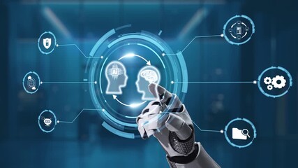 Wall Mural - a futuristic robotic hand interacts with a digital interface showcasing various artificial intellige