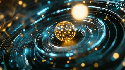 Wall Mural - futuristic glowing sphere floating over concentric circles emitting light