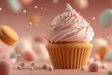 Pink cupcake, sprinkles, floating sweets