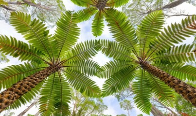 Symmetrical fern trees overhead canopy tropical forest exploration