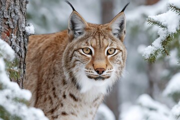 Wall Mural - eurasian lynx staring in snowy forest habitat