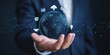 © sultan - Global Business Strategy - A man holding a glowing world globe, surrounded by icons for goals, charts, and a handshake