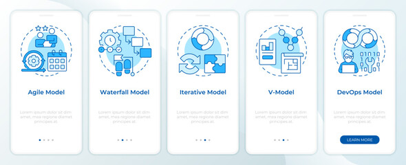 Wall Mural - software development models blue onboarding mobile app screen. walkthrough 5 steps editable graphic 