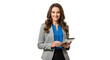 © SAIKAT - Smiling businesswoman holding a tablet isolated on transparent background