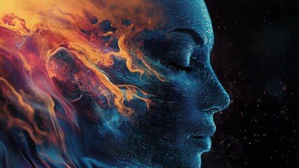 Wall Mural - artificial intelligence, digital human face emerging from colorful nebula