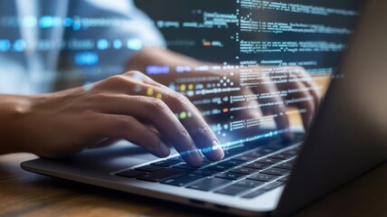 software development - hands typing on a laptop with an overlay of coding text and data, symbolizing
