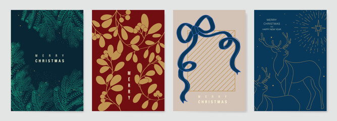 Wall Mural - Christmas and Happy Holidays invitation card design vector. Christmas tree, pine leaves, star, snowflake on navy blue background. Design for Season's Greeting, Christmas, cover.