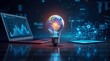 © Spirit - Computer on desktop in office with bulb icon hologram. Multi exposure. Concept of idea. 3d render