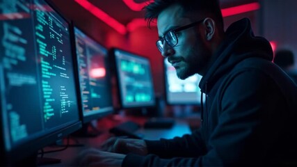 Focused coder amidst glowing screens working diligently, creating cutting-edge applications