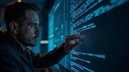 Focused Developer Interacting with Code on Advanced Digital Display Screens