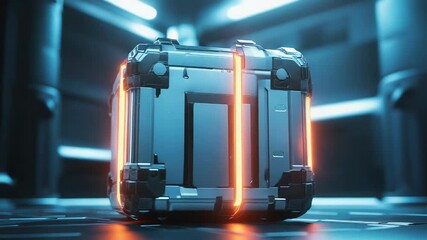 Wall Mural - futuristic glowing metal container emitting orange light in dark room