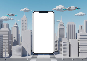 Modern Smartphone in Future City with Flying Vehicles