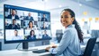 © Half Project - Smiling businesswoman leads virtual meeting with diverse team on large screen in modern office