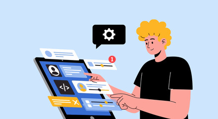 Developer Designing Interface Digital Prototype Modern Web Application On Tablet