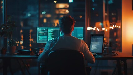 Software developer working late at night on computer code in modern office