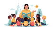 © IMAM - Illustration depicting a teacher reading a book to a group of diverse children outdoors