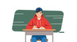 © SARA - Illustration of a young student studying in class writing in a notebook on his desk with board on the back