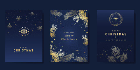 Wall Mural - Christmas and Happy Holidays invitation card design vector. Pine leaves, snowflake, spot texture on navy blue background. Design for Season's Greeting, Christmas, cover.