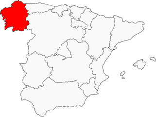 Map of Spain highlighting the autonomous community of Galicia. Perfect for projects on its Celtic heritage, lush green landscapes, and stunning coastline.