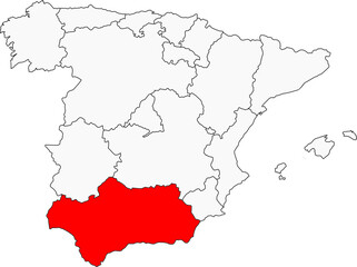  Map of Spain highlighting the autonomous community of Andalusia. Perfect for projects on Flamenco, Moorish architecture, sun-soaked beaches, and historical sites.