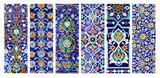 Set of vertical or horizontal banners with intricate detail of ancient mosaic walls with floral and geometric ornament. Collection of background with traditional islamic tile decor