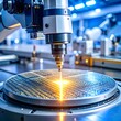 © ERWIN - Precision laser cutting of a microchip on a silicon wafer by an automated robotic arm in a futuristic high-tech factory environment.