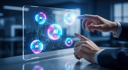 artificial intelligence technology concept with hands touching futuristic screen, business innovatio