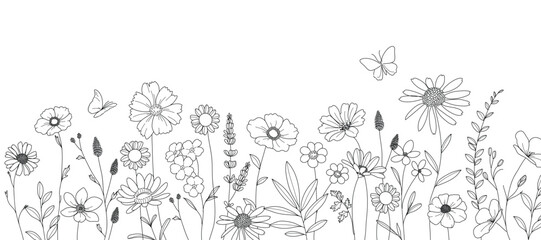 Flower doodle background vector. Black white contour drawing of foliage, wildflower, poppy, peony, eucalyptus, herb. Illustration design for card, interior, wedding, invitation, decor, banner.