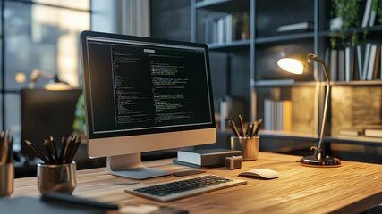 Modern office desk showing programming code on computer screen