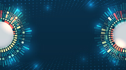 Wall Mural - Colorful abstract tech background with a central circular interface and dynamic dotted wave patterns on a dark blue backdrop. Perfect for innovation, data, and technology themes.