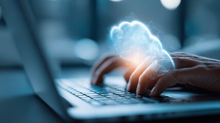 Person Typing on Laptop with Digital Cloud Overlay Representing Data Analysis and Connectivity