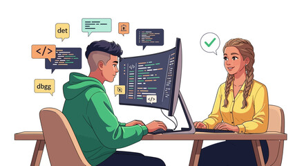 Two Professionals Collaborating On Software Development Project In A Modern Workspace