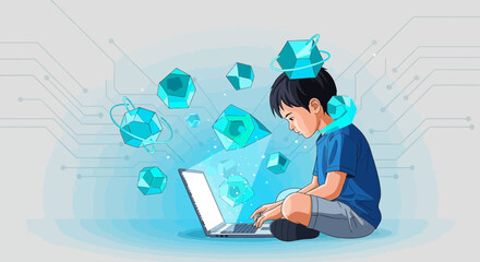 Young programmer coding and creating virtual worlds on laptop computer digital art